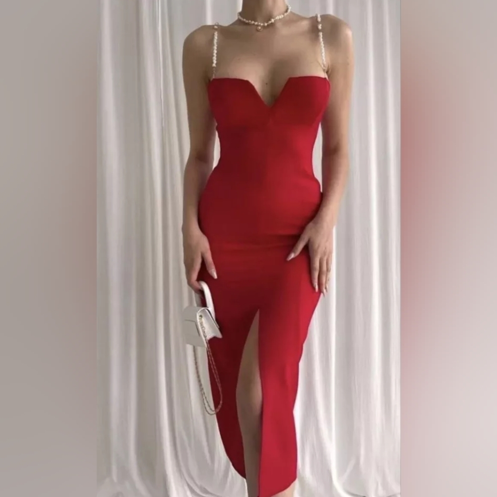 Zara midi dress with pearl straps red size XL BNWT - Picture 8 of 15